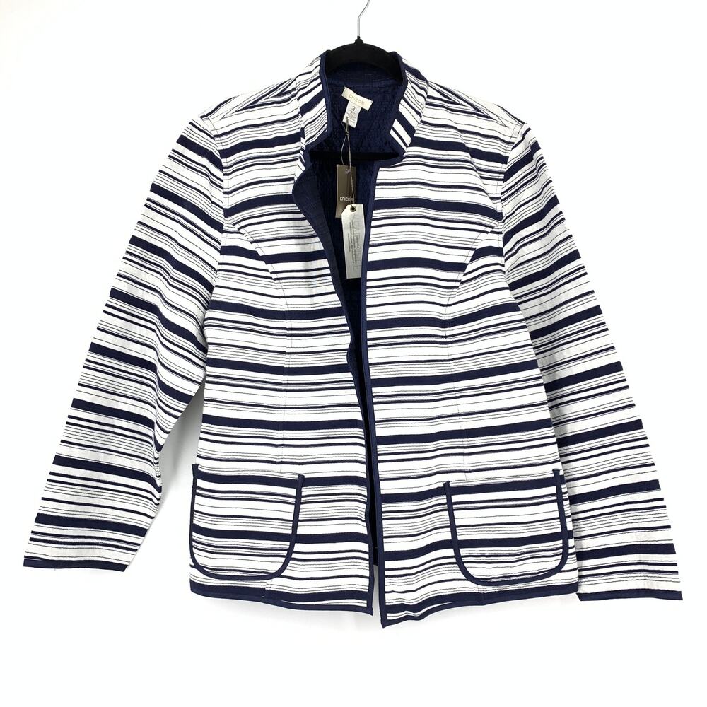 Chicos Reversible Open Front Jacket Womens Size 3 US XL Striped Navy White Blue